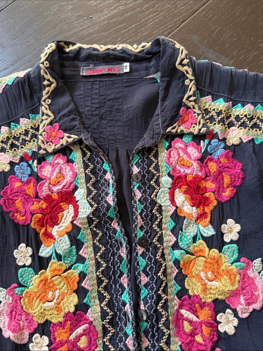 Johnny Was dark blue Embroidered Floral Tunic with Slip,M
